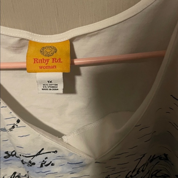 Ruby Rd. White and Blue Script V-Neck Top - Picture 2 of 3